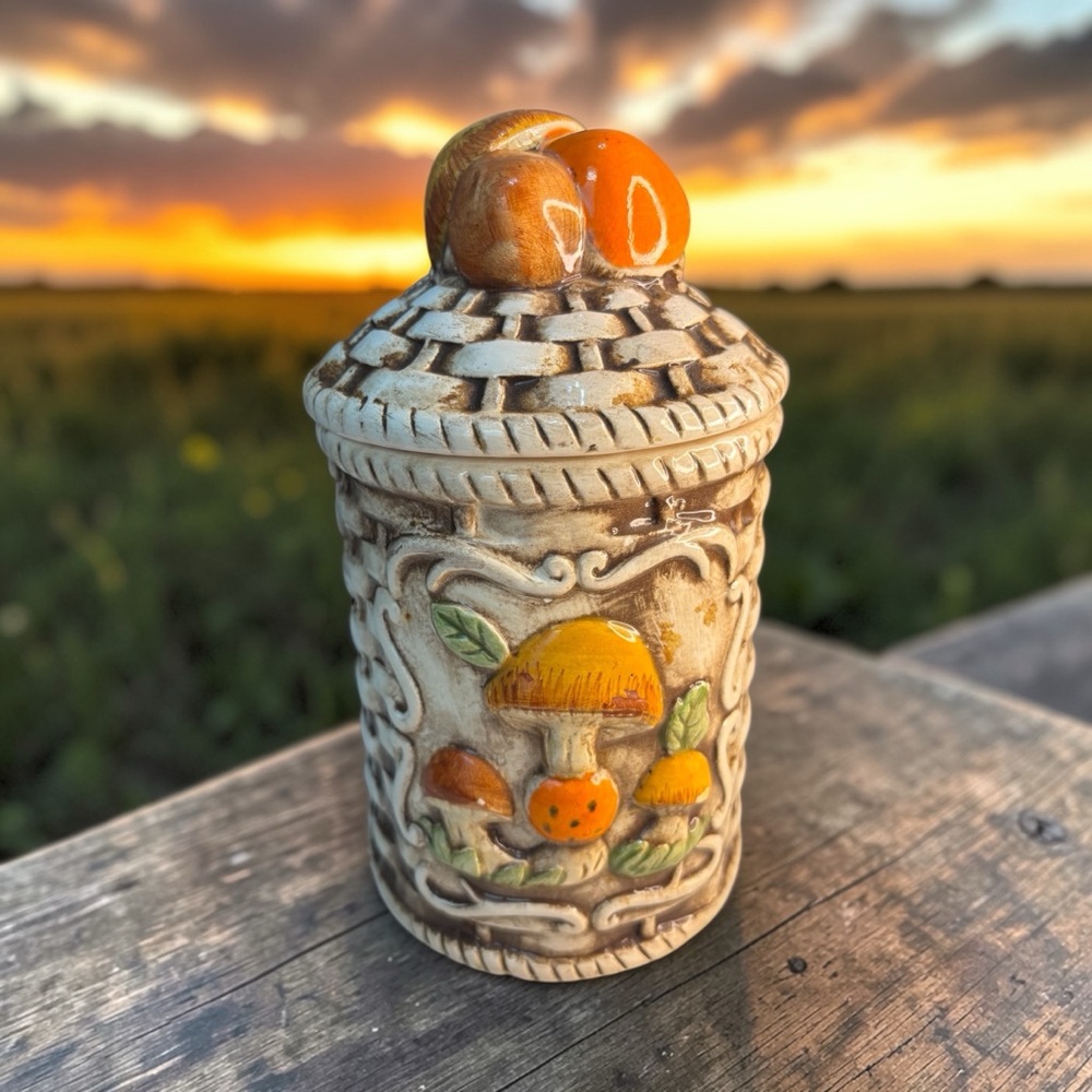 1970 Himark Harvest Weave Merry Mushroom Lidded Ceramic Canister Woven Basket